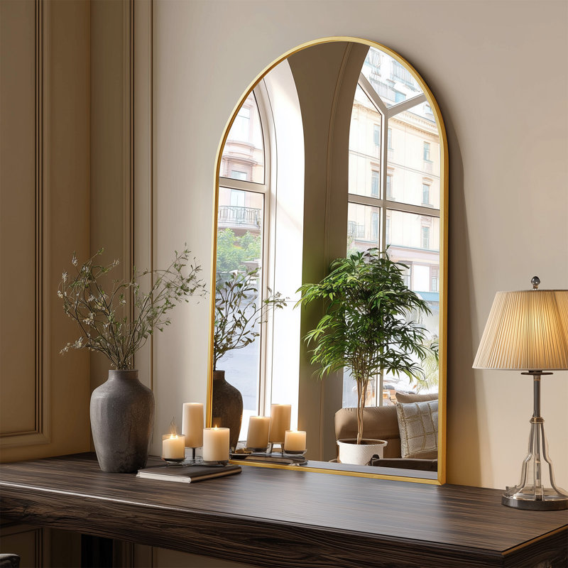 Aluminum Framed Arched Wall Mounted Bathroom Vanity Mirror, Gold, 38" x 26"