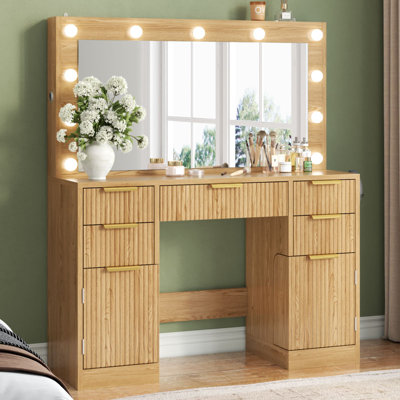 36" Large White Fluted Vanity Desk with LED Mirror - 11 Dimmable LED Lights & Built-in Power Outlet, Modern Wood Makeup Vanity Table with 5 Drawers, 2 Cabinets & 2 Hidden Storage Shelves for Bedroom