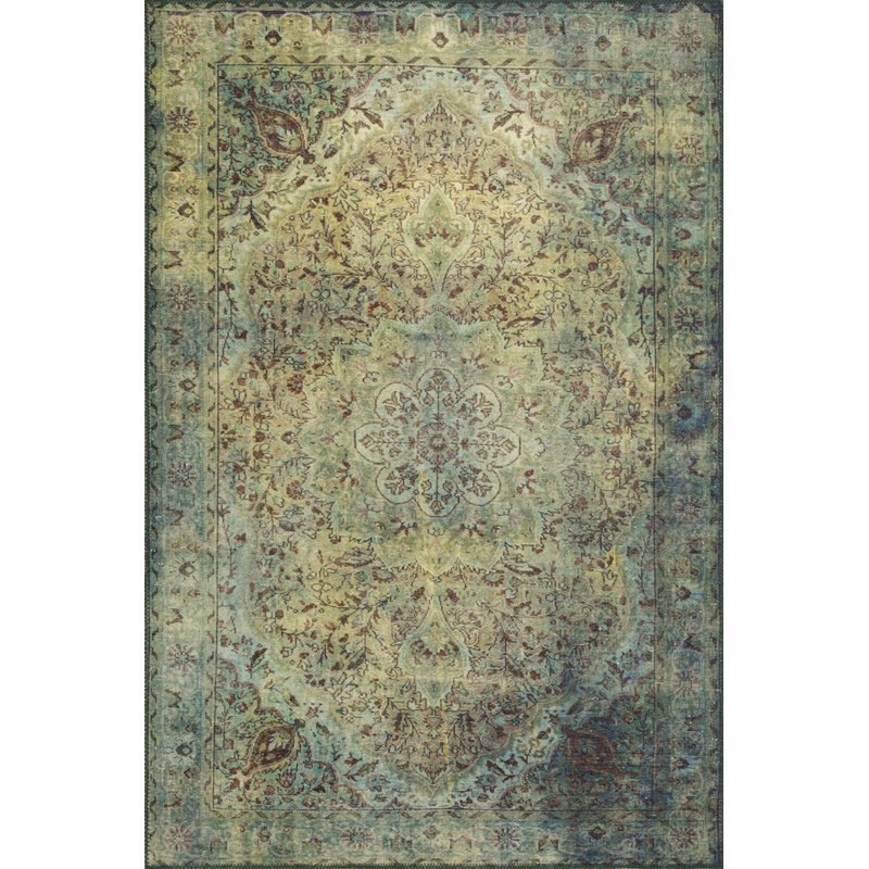 Tapis vert à motif tissé rétro, Rectangle 3 pi 10 po x 5 pi 3 po