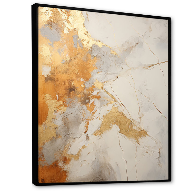 Or et blanc abstrait divisé II sur impression sur toile, H 44 po x l 34 po x P 1,5 po, Cadre flottant noir