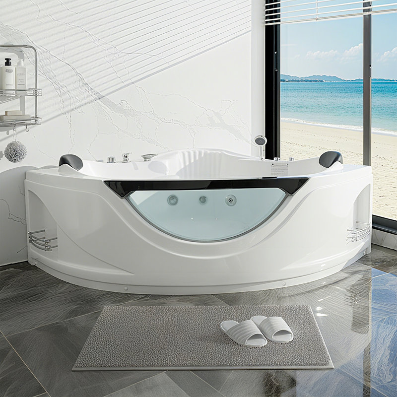 59" Double Corner Massage Bathtub  Jetted SPA Bathtub With 6 Hydrotherapy Jets Chromatherapy LED Therapy Lighting Ergonomic Backrest Home SPA Massage Bathtub