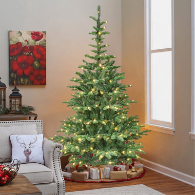 8Ft Pre-Lit Christmas Tree With 500 Warm White LED Lights, 1307 PE+PVC Tips, Realistic Layered Look, Unique Wooden Base – Full Artificial Holiday Tree For Home Decor
