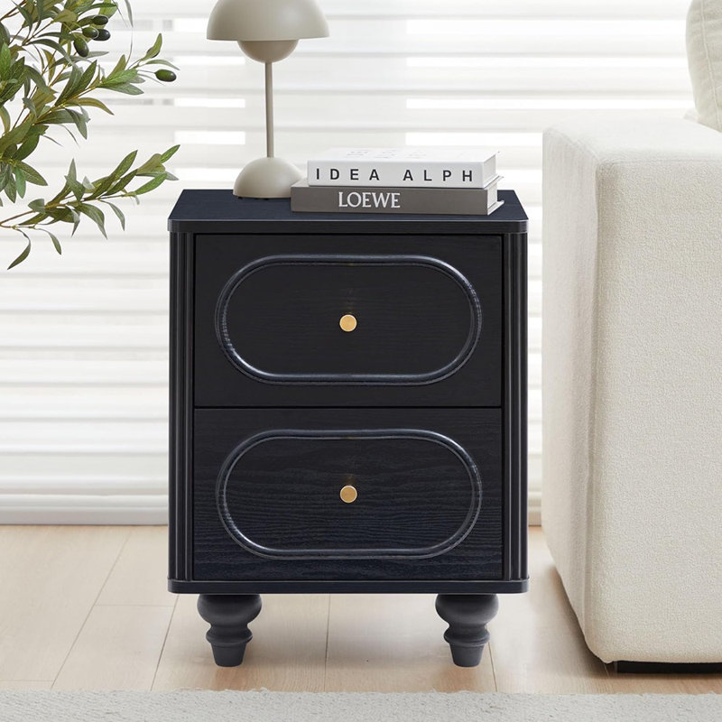 Black Wood 2 Drawer Fluted Nightstand Set with Conical Legs