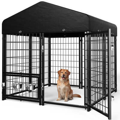Dog Kennel Pen Outside Outdoor Dog Run with Roof, Feeders/Removable Doggy Door Allow Connecting Your Dog House- Square Pet Enclosure Outside Yard for Small/Medium Dogs