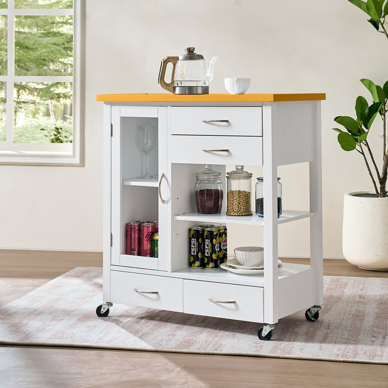 Chariot de rangement pour îlot de cuisine avec tiroirs, plateau en noyer et armoire à serviettes, blanc | Idée de cadeau