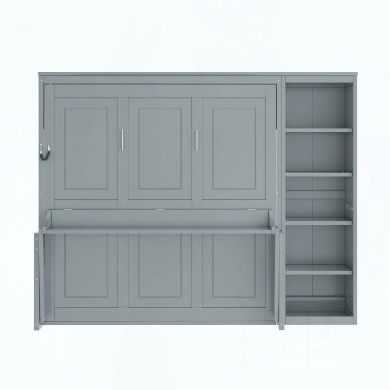 Grand lit escamotable avec bureau et tablettes, Gris, Grand lit