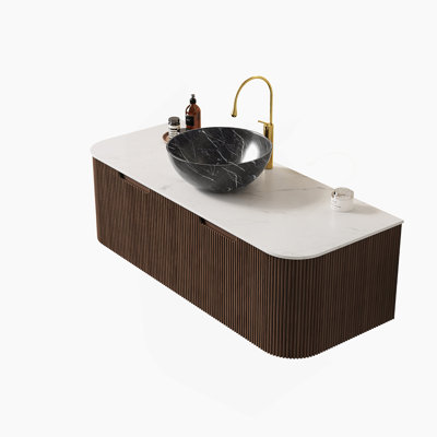 Meuble-lavabo 48 po avec lavabo, meuble de rangement mural rayé à bords arrondis avec 2 tiroirs, vasque en céramique noire avec motif de pierre, couleur noyer foncé