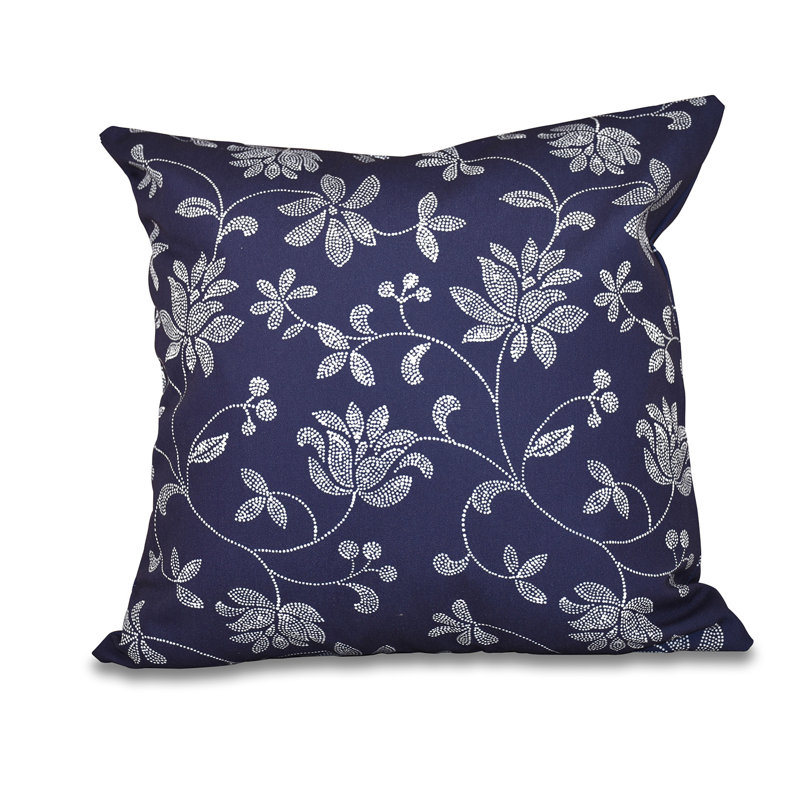 16" Porcelain Blue Floral Polyester Accent Pillow