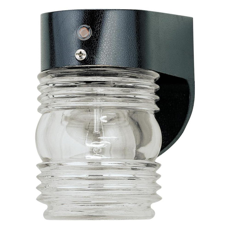 One-Light Outdoor Jelly Jar Wall Fixture with Dusk to Dawn Sensor, Black Finish