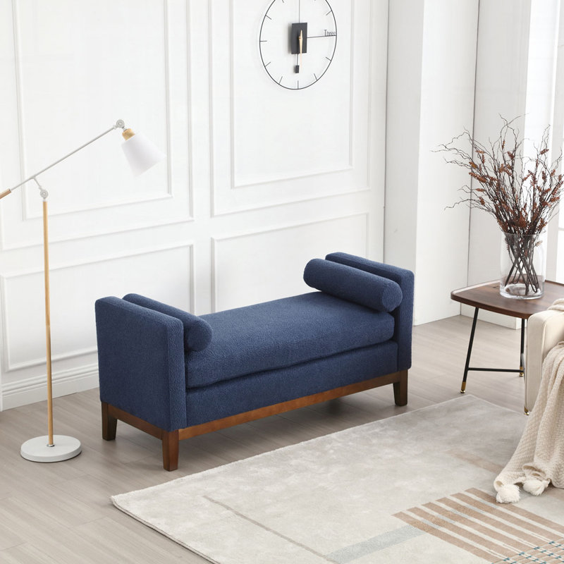 53.5"W Bouce Upholstered Bench with Wood Legs, Navy, Brown