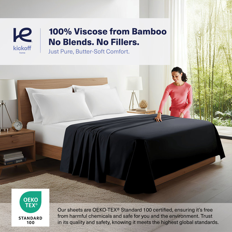100% Organic Viscose From Bamboo Flat Sheet Only, 300 Thread Count, Extra Wide, Cooling & Breathable, Double Stitching, Bedding Sheet - Gift-Ready Packaging (Black)