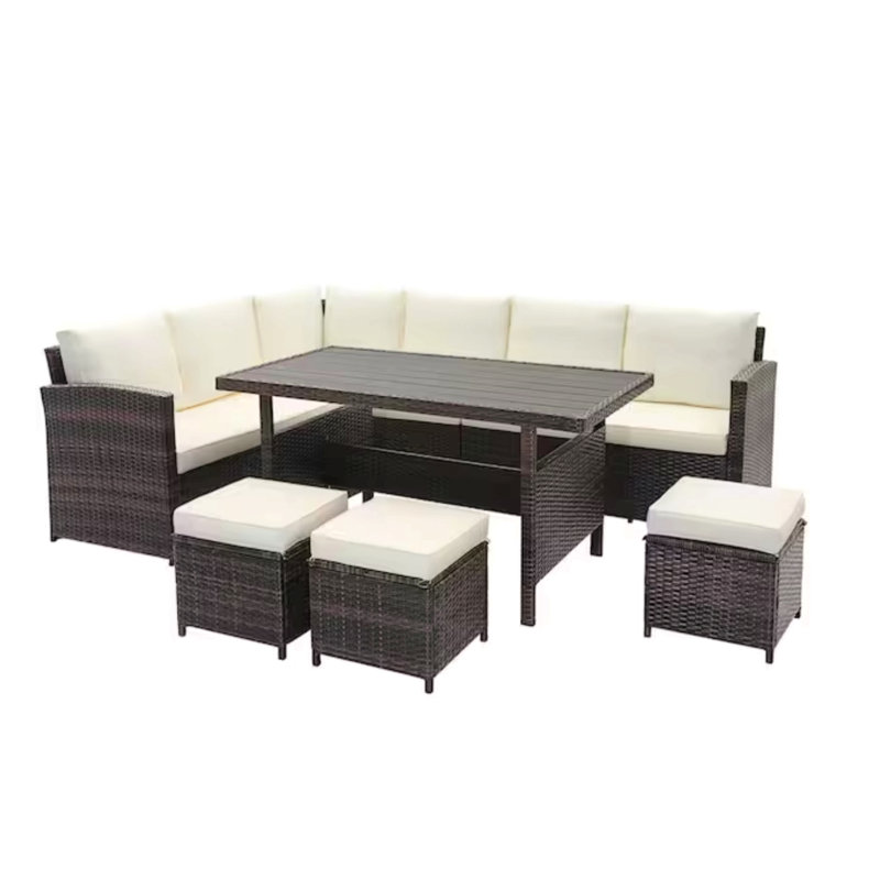 7 Piece  Wicker Outdoor Dining Set,  9-Seat  Outdoor Sectional Cushions Sofa With Ottomans & Dining Table For Porch Backyard Garden