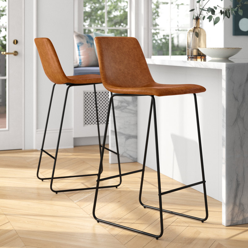 Liekele Upholstered Modern Dining Stools, Tabouret de bar (siège d'une hauteur de 30 po), Similicuir brun clair