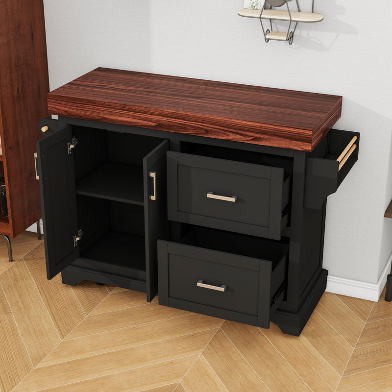 Large Kitchen Island with 2 Drawers, Spice and Towel Racks, Black