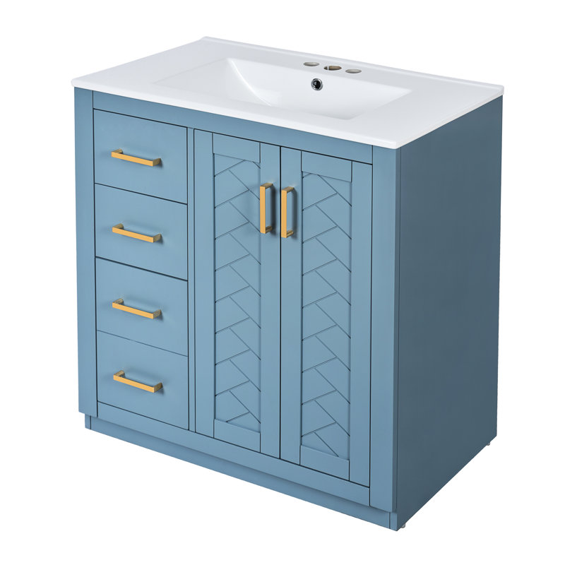 Meuble-lavabo en céramique 30 po. Bois massif et fabrication. Tiroir dissimulé. Meuble-lavabo Indigo Et beaucoup d'espace de rangement. Conception élégante. Finition. Essentiel