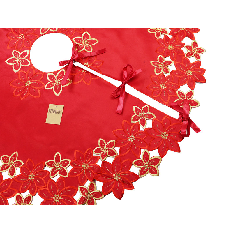 Embroidered Red and Gold Poinsettia 68" Round Christmas Tree Skirt