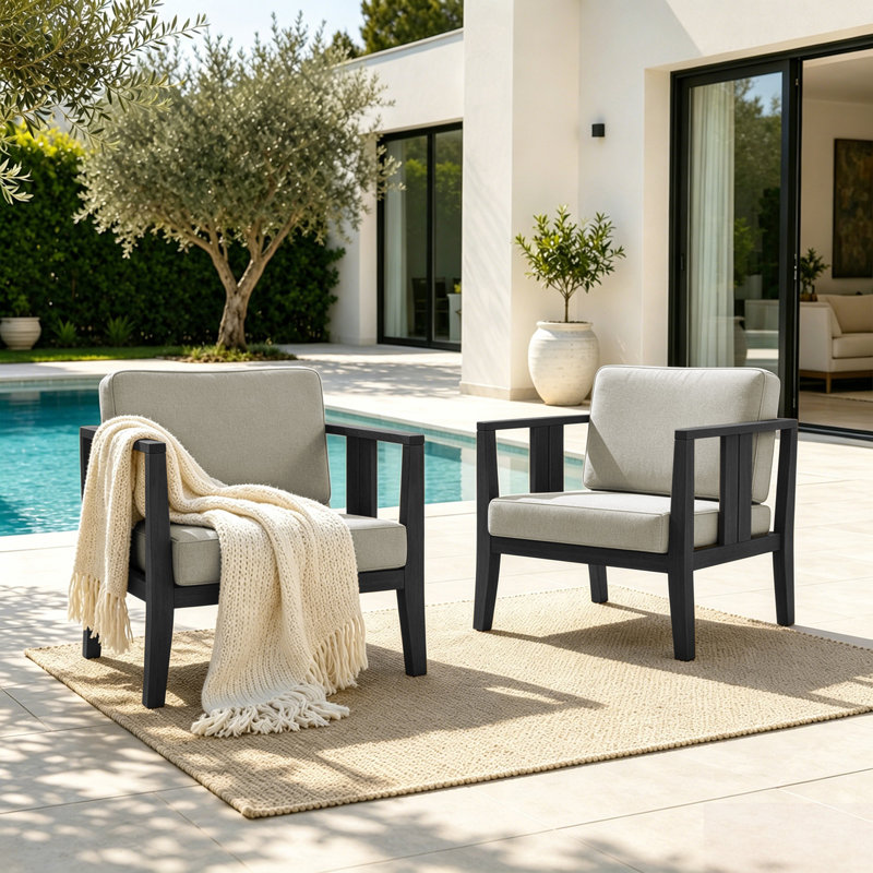 Junco Solid Wood Teak Outdoor Lounge Chair With Cushion And Arm, Light Camel, Black