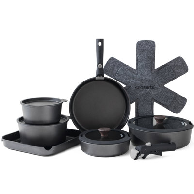 SENSARTE Nonstick Ceramic 17 Piece Pots And Pans Set With Removable Handle, Include Griddle, Dishwasher ＆ Oven Safe, PTFE/PTAS/PFOA Free