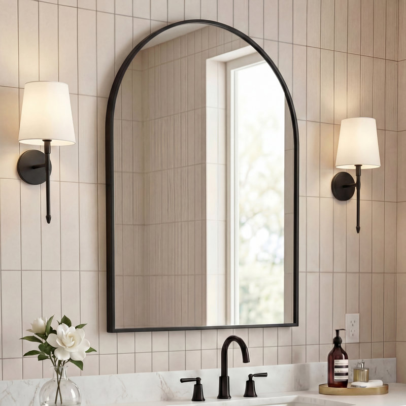Elodie 28 in. W x 40 in. H Large Arched Aluminum Metal Framed Wall Mounted Bathroom Vanity Accent Mirror, Black, Black