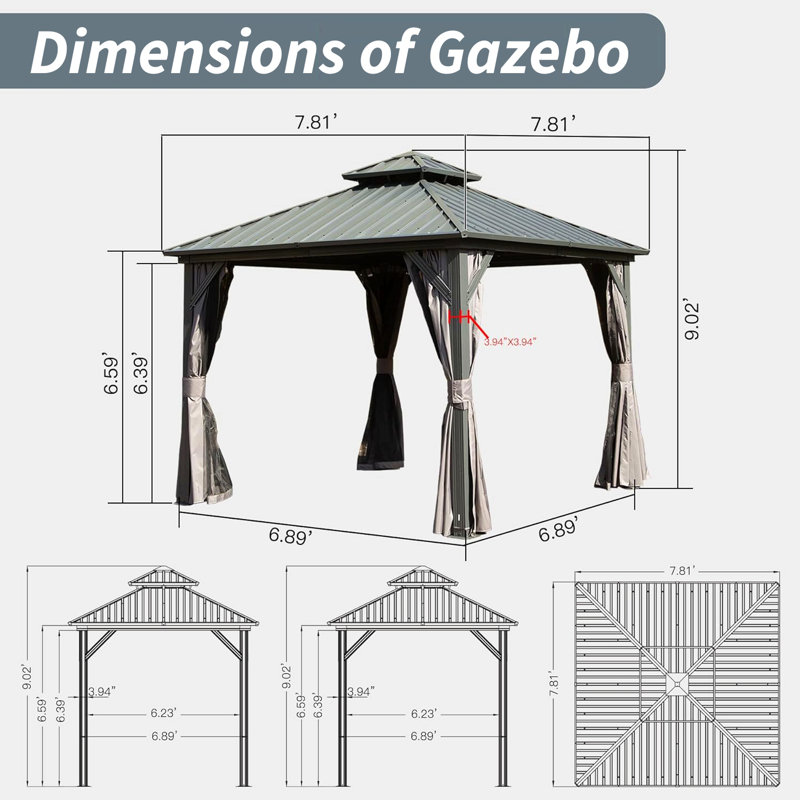 8' X 8' Hardtop Gazebo, Aluminum Metal Gazebo With Galvanized Steel Double Roof Canopy, Curtain And Netting, Permanent Gazebo Pavilion For Patio, Backyard, Deck, Lawn