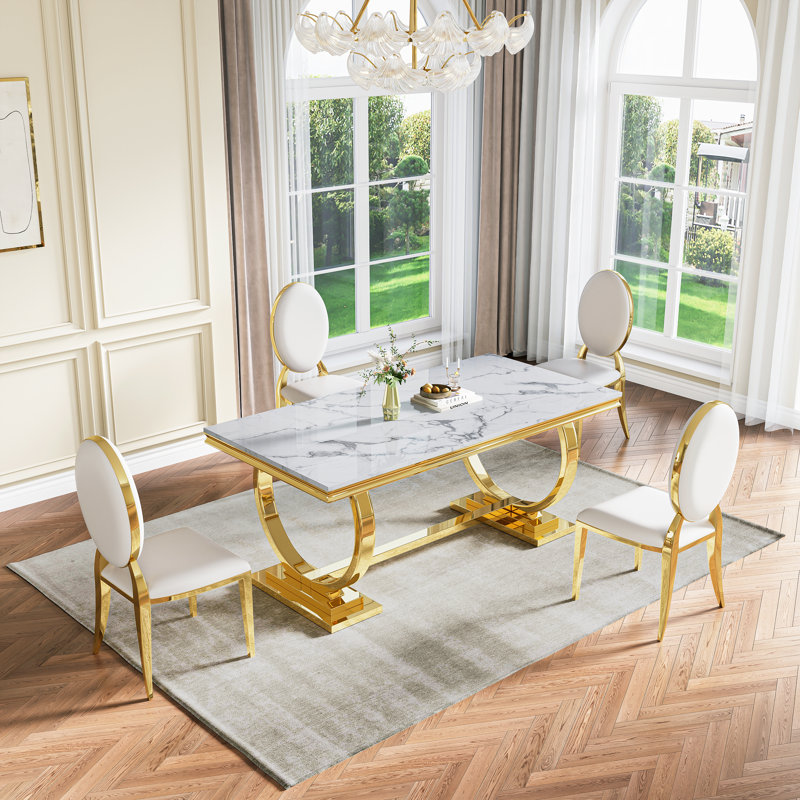 Modern Dining Room Set, Faux Marble Tabletop Kitchen Dining Table Set With Upholstered Chairs, White/Gold, White/Gold