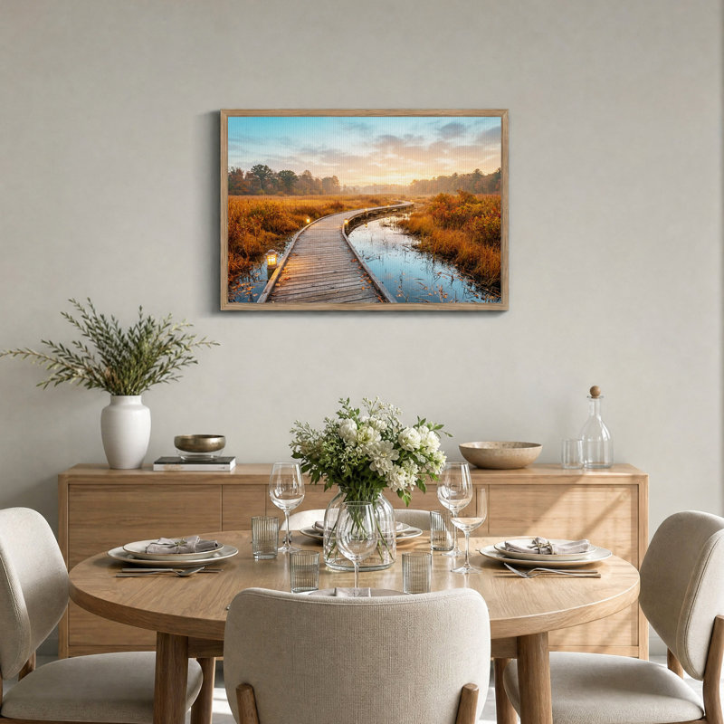 «Winding Wooden Boardwalk travers Marsh at Sunset», art mural sur toile, H 18 po x l 24 po