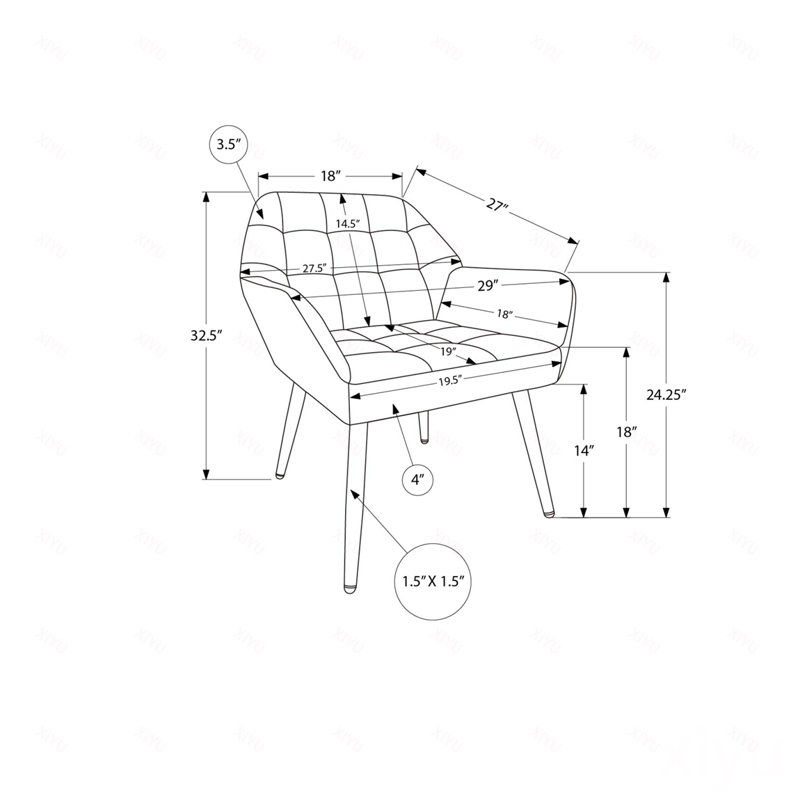 Chaise d'appoint, 33 po, rembourré, salon, tissu, pieds en métal, Grey