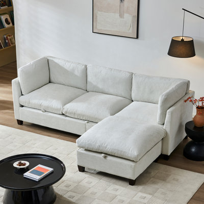 96.5-Inch L-Shaped Sectional Couch With Ottoman, Soft Chenille Upholstery, Spring-And-Foam Cushions, Built-In Storage, And Stable Solid Wood Frame For Living Room Use.