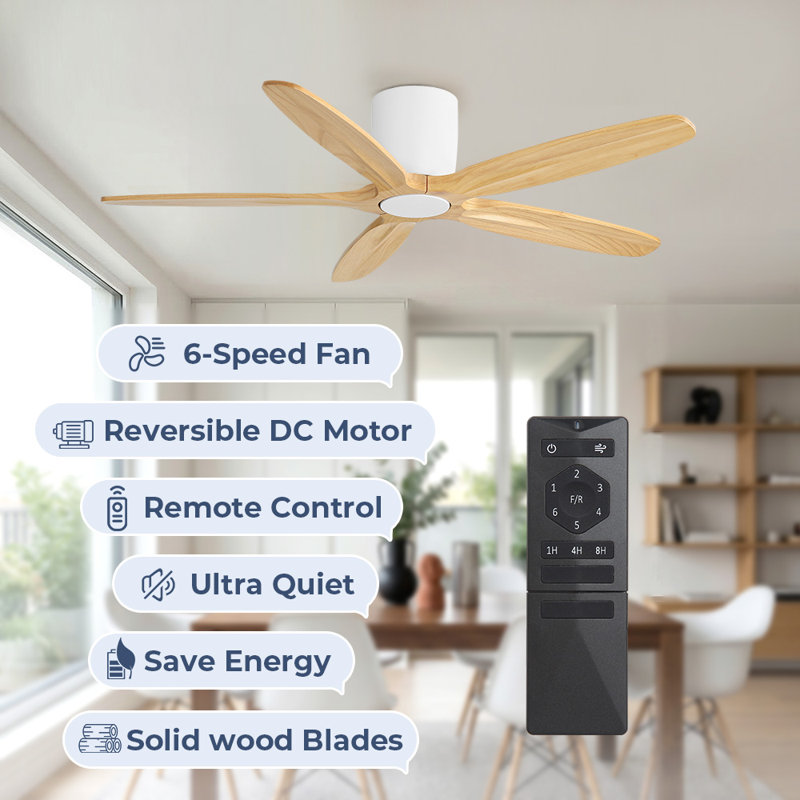 5-Solid Wood Blades Dc Motor Indoor Flush Mount Standard Ceiling Fan with Remote, Natural Wood Grain, White