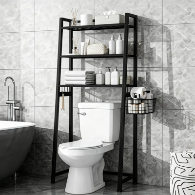 Rangement au-dessus de la toilette, organisateur d'économie d'espace de salle de bain en bois à 3 niveaux au-dessus de la toilette, toilette sur pied avec porte-papier hygiénique et crochets