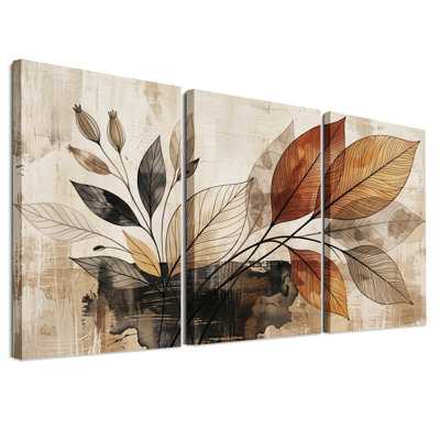 Feuilles botaniques stylisées sur fond de tons de terre, ensemble de 3 toiles