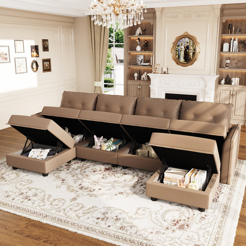 Zendejas 6 - Piece Modular U-Shape Sectional Sofa with Ottoman, Brown Faux Leather
