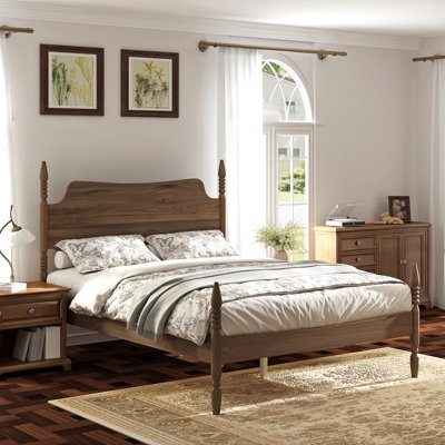 Queen Size Platform Bed Frame, Spindle Bed with Curved Tall Headboard, No Box Spring Needed, Retro Four Poster Bed, Walnut