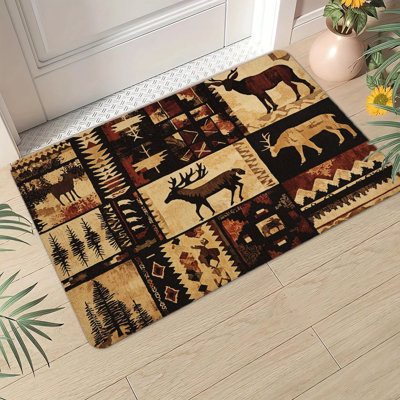 1Pc Rustic Lodge Wildlife Area Rug, Moose Deer Pine Tree Pattern Doormat, Non-Slip Washable Bath Mat With For Laundry Room Bathroom Kitchen Entrance Home Decor