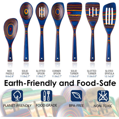 7-Piece Pakkawood Wooden Utensil Set For Cooking - Includes Spatula, Corner Spoon, Rice Paddle - Non-Stick Cookware Safe, Ergonomic Design, Durable & Stylish