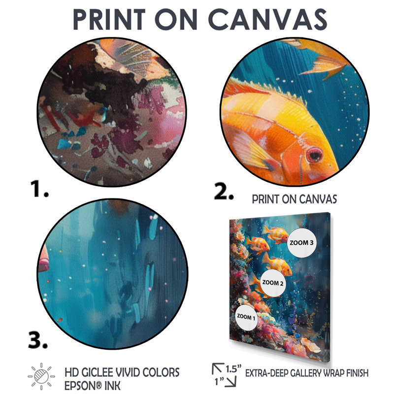 «Blue Orange Coral Marine Fish Life III», art mural corail, Cadre doré flottant, bois massif, H 16 po x l 32 po