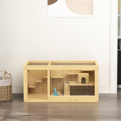 Enclos à hamster en bois - Très grand, multicouche, avec balançoires à bascule, bouteille d'eau, plateau coulissant, plateau ouvert pour hamsters nains et grand bois, gerbille