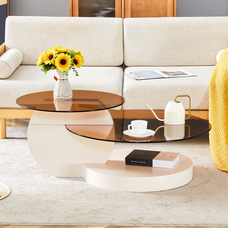 Table basse gigogne moderne Varese, Blanc, Brun transparent, H 17 po x l 42 po x P 31,5 po