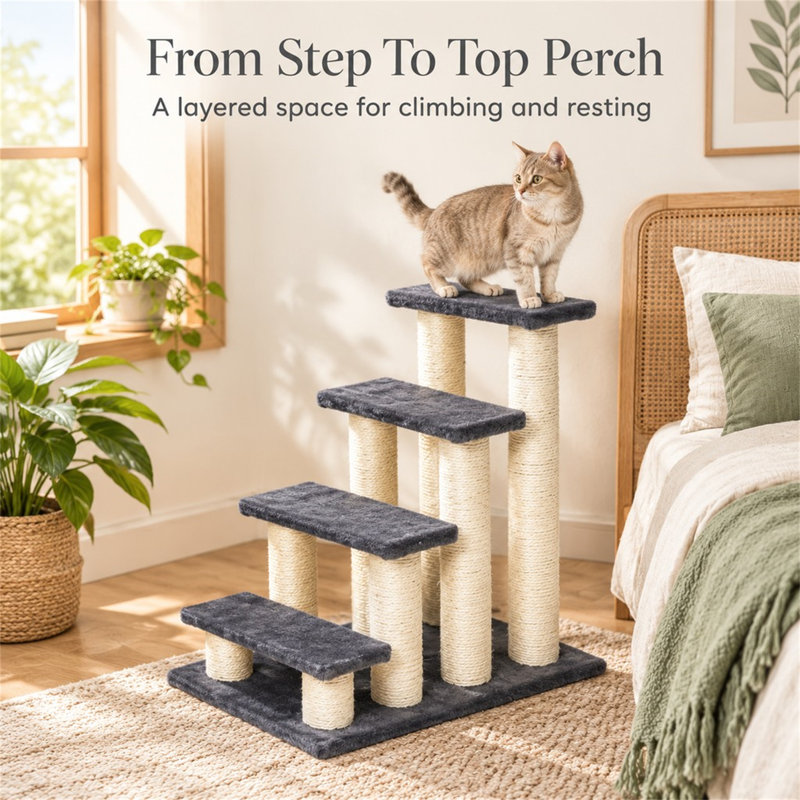 4 Step Pet Stairs for Bed, Grey Dog & Cat Ladder with Sisal Scratching Posts, Particle Board Faux Fur Pet Step for Small Pets