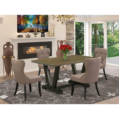 5 Piece Modern Dining Table Set Includes a Rectangle Wooden Table with V-Legs and 4 Coffee Linen Fabric Parson Dining Chairs, 36x60 Inch, Multi-Color