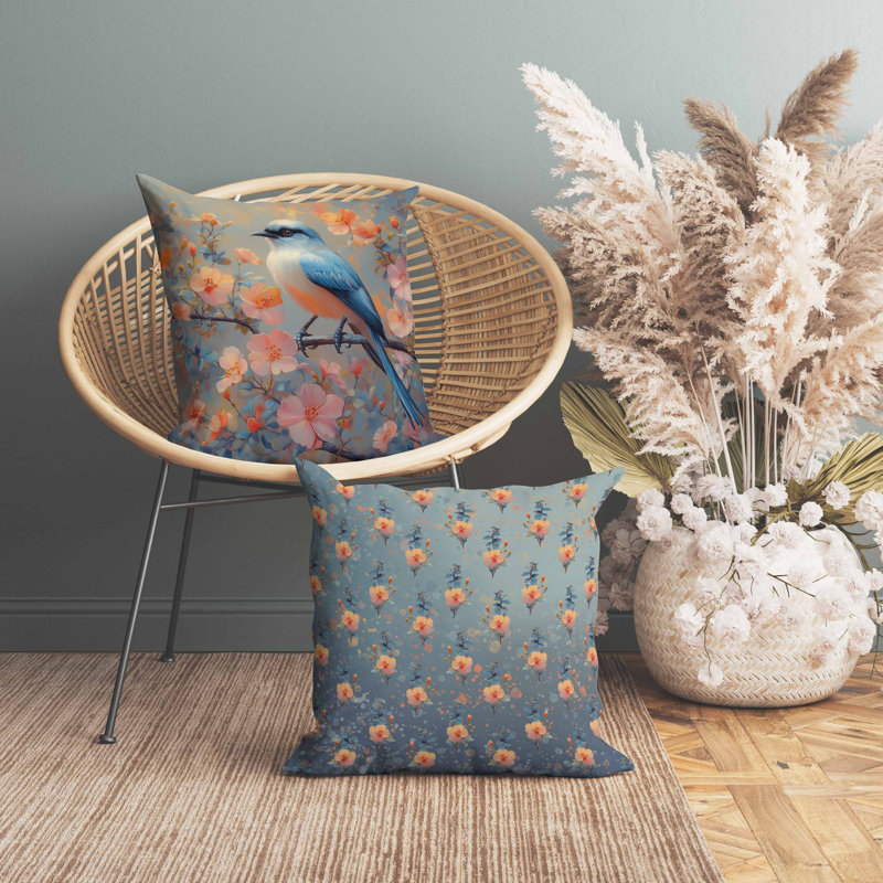 Oreiller floral en faux suède, Carré 20 po, Bleu / Orange