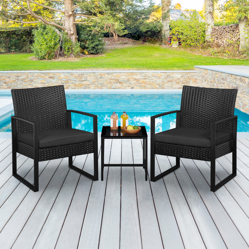 Bowmore 3-Piece Patio Furniture Set with Rattan Cushioned Chairs & Metal Table, Black