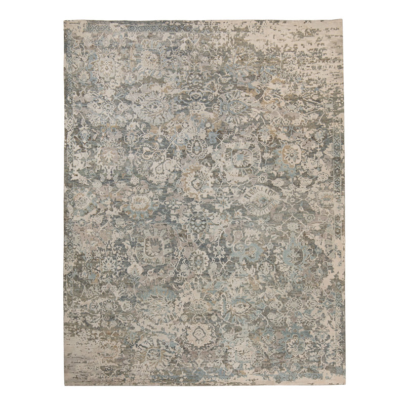 Blue Contemporary Silk Wool Blend Rug, Rectangle 6' x 9'
