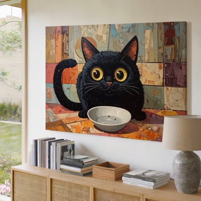 Plaignant un chat noir surréel félin fixant un bol vide dans la toile silencieuse, art mural prêt à accrocher, décoration moderne