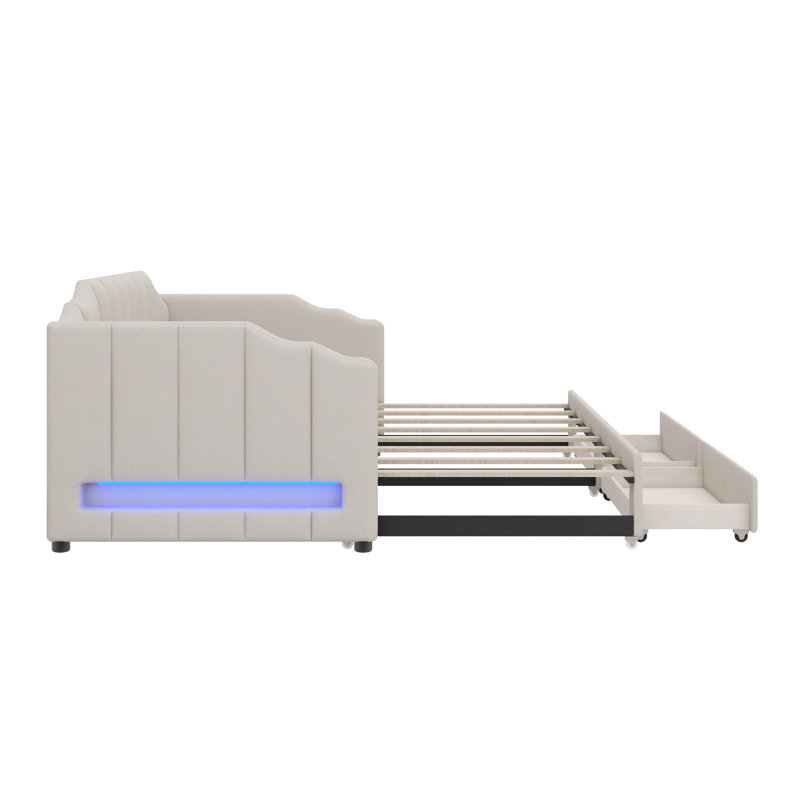 Twin XL Daybed With Integrated Compartment & Pull-Out Trundle, Upholstered Design Featuring LED Lighting, Beige