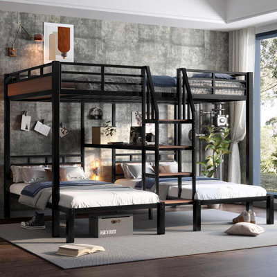 Metal Bunk Bed Triple Metal Bunk Bed With Storage Stairs And Storage Shelves No Spring Box Needed