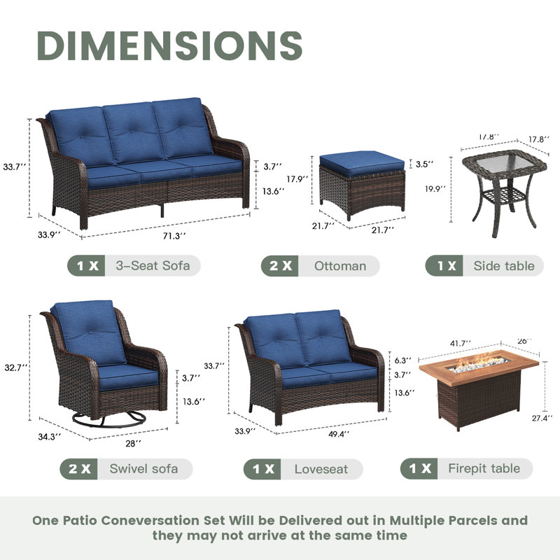 7-Piece Outdoor Rattan Fire Pit Conversation set with 3-seat sofa, Loveseat, Swivel Club Chairs and Ottomans, Slate Blue