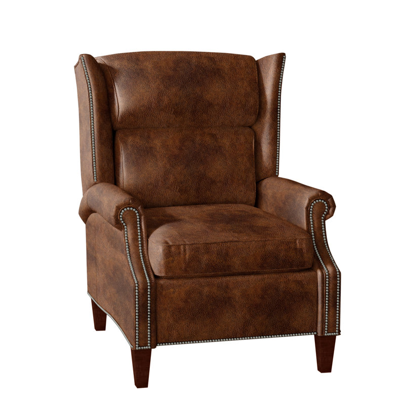 Broderick Recliner, #9 Pewter, Anilina Cacao Genuine Leather, Mahogany