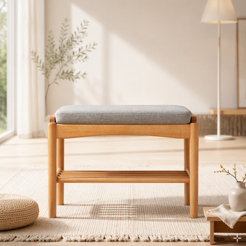 Banc à chaussures en bois massif naturel, banc de rangement moderne Mid-Century avec coussin éponge à rebond élevé pour hall d'entrée et espaces de vie