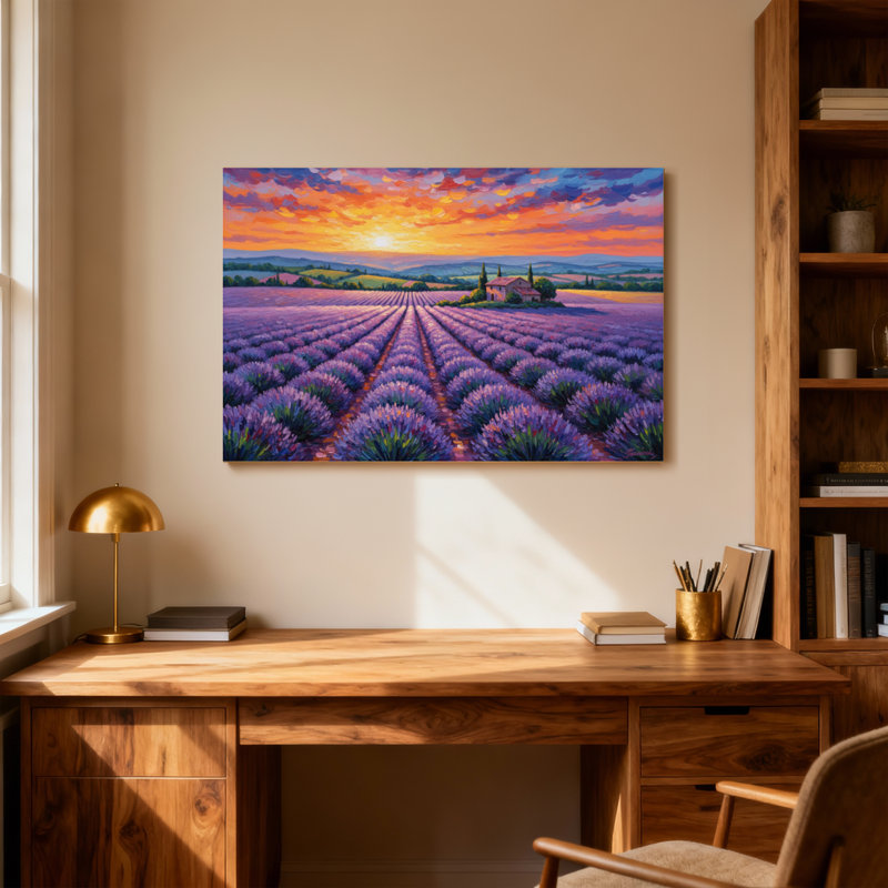 Paysage et nature, champ de lavande, peinture de paysage au coucher du soleil, H 28 po x l 40 po